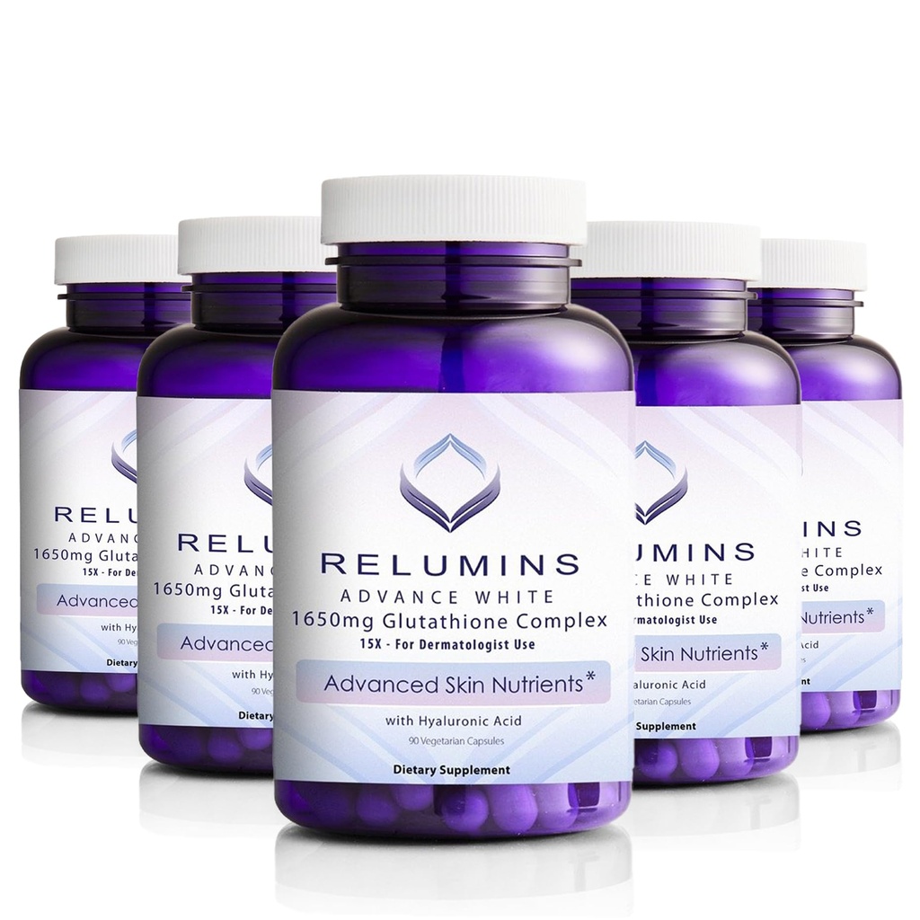 Relumins L-Glutathione Complex 1650mg - Antioxidant Support med Alpha Lipoic Acid, NAC, L-Methionine, Vitamin E, Hudhälsotillskott, Tillverkad i USA - 90 vegetariska kapslar x 5 flaskor