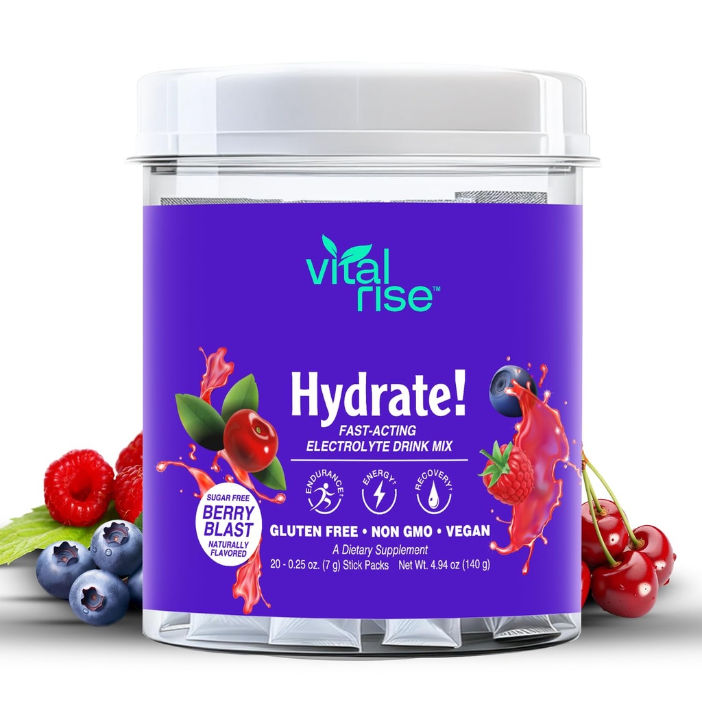 Vital Rise® Hydrate! - Berry Blast - Hydration Powder Packets | Low Sodium Electrolyte Drink Mix | Easy Open Single-Serving Stick | Non-GMO | 20 portioner (Pack av 1)