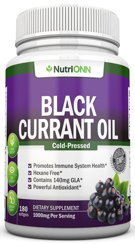 Black Currant Oil - 1000 Mg - 180 Softgels - Kylmäpaineinen Pure Black Currant Seed Oil - Hexane Free - 140 mg GLA Per Serving - Säätelee Hormonal Balance - Great for Immuunijärjestelmä, Hiukset ja iho