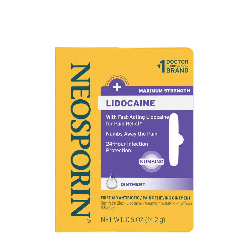 Neosporin + Lidocaine First Aid Antibiotic Ointment, Maximal Strength & Fast-Acting Topical Pain Reliever, 24-timmars infektionsskydd som numbs bort smärtan, Bacitracin Zink, 0,5 oz
