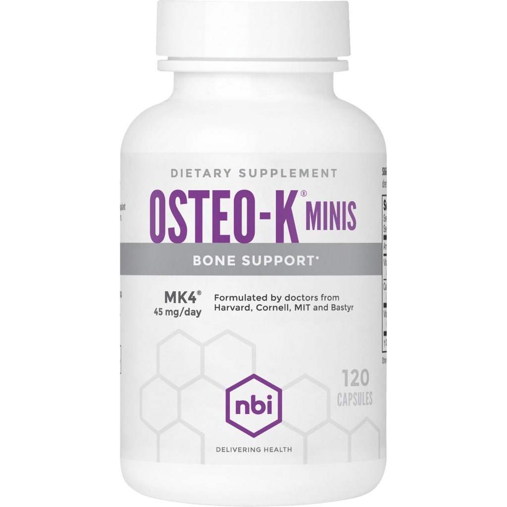 NBI Osteo-K Bone Support - Mini D- ja K-vitamiinikompleksi kalsiumsitraatin lisäravinnokseen 45 mg K2-vitamiini (MK4) vahvalle luun terveydelle ja toiminnolle 120ct kasviskapselit