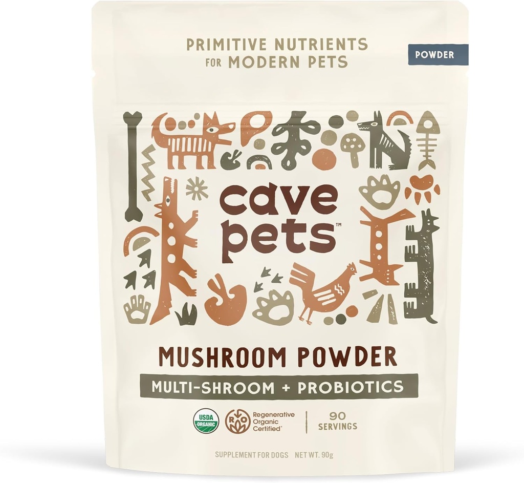 Cave Pets, Super Blend Powder, Dog Probiotic Supplement för immunitet och Digestive Health Support, Multi-Shroom & Probiotics, 90 portioner