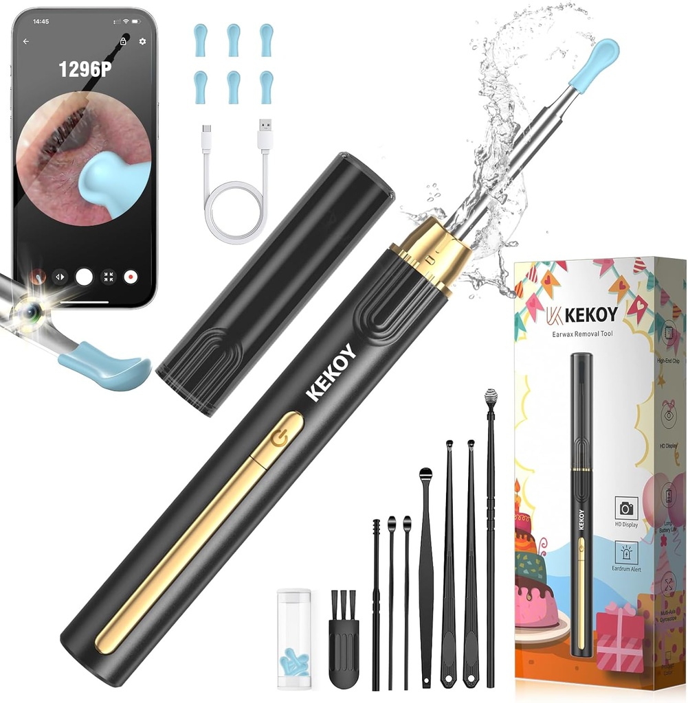 Kekoy Ear Cleaner med kamera för jul, 1296P HD Ear Wax Removal Tool Camera, WiFi Otoscope med ljus för öronrengöring, Ear Endoscope för iOS & Android, med 8 st Ear Set (guld)