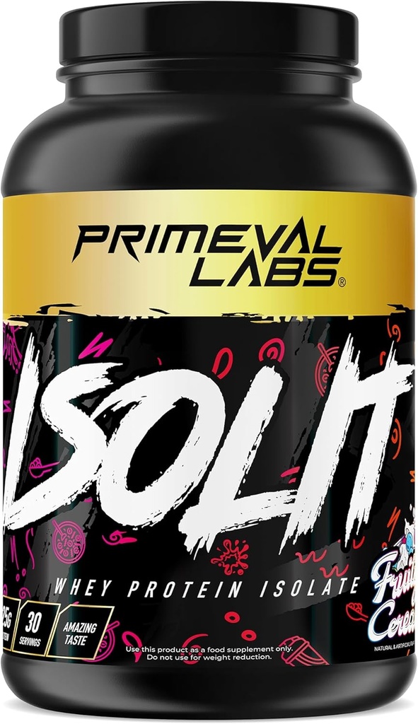 Primeval Labs ISOLIT - Whey Protein Powder, 100% Whey Isolate, 25 g proteiinia, BCAA, nopea absorbing, helppo digesting (Fruity Cereals, 2lb)