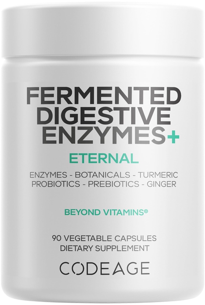 Codeage Fermented Digestive Enzymes Supplement 3-Month Supply - 14 Digestive Enzymes, Probiotika, Prebiotika, Fermented Botanicals, Plant-Based Multi Pancreatic Enzymes - 1 Kapsel om dagen - 90 kapslar