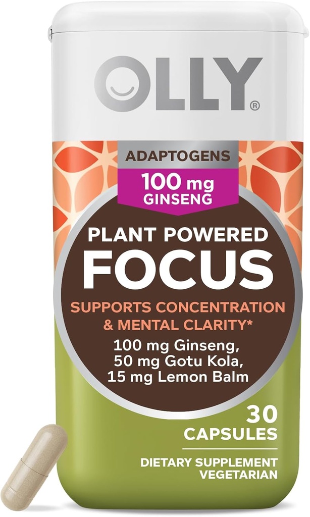Olly Focus Adaptogen, Ginseng, Gotu Kola, Mielialatuen lisäosa, kasvissyöjäkapselit - 30ct