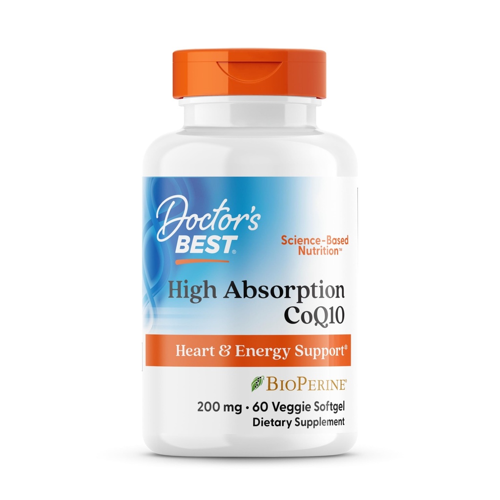 Doctor's Best High Absorption CoQ10 200mg with BioPerine Supplement - Coenzyme Q10 Softgels for Heart Health & Antioxidant Support, CoQ10 200 mg for Women & Men, Non GMO - 60 Veg Softgels