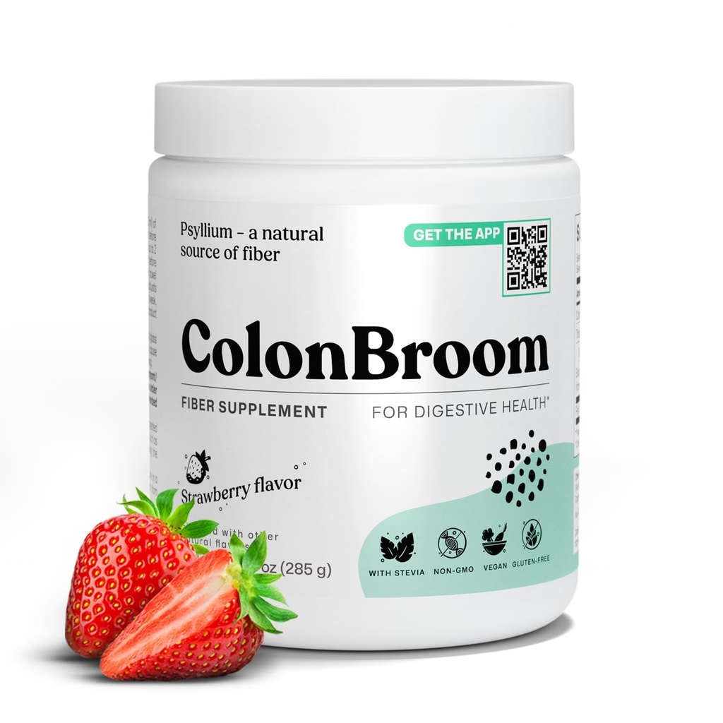 ColonBroom Psyllium Husk Powder (Strawberry) - Colon Cleanse for Bloating Relief & Gut Health - Colon Broom Kuitujauhe Drink - Vegaani, Gluteeniton, ei-GMO-kuitujauhe täydennysosa, 50 tarjoilua