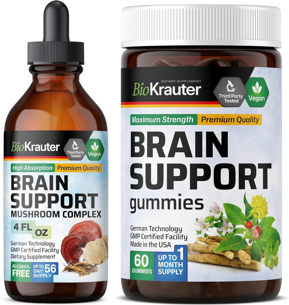 BIO KRAUTER Aivojen tuki 60 Gummies & Brain Tuki Mushroom Tincture 4 Fl. Oz.
