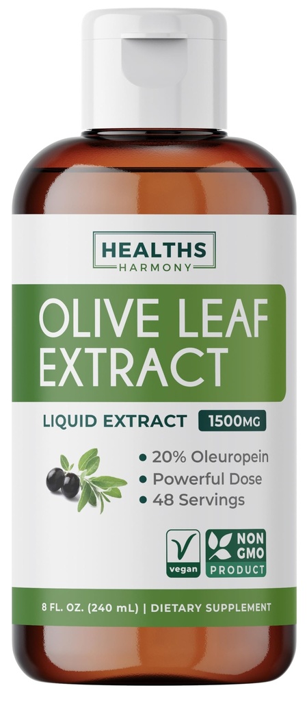 Olivblad Extrakt (Non-GMO) Super Styrka: 20% Oleuropein - 1500mg - Vegetarian - Immun Support Supplement, Hudhälsa och kraftfulla antioxidanter Supplement - Liquid Extract - 8 Fl Oz