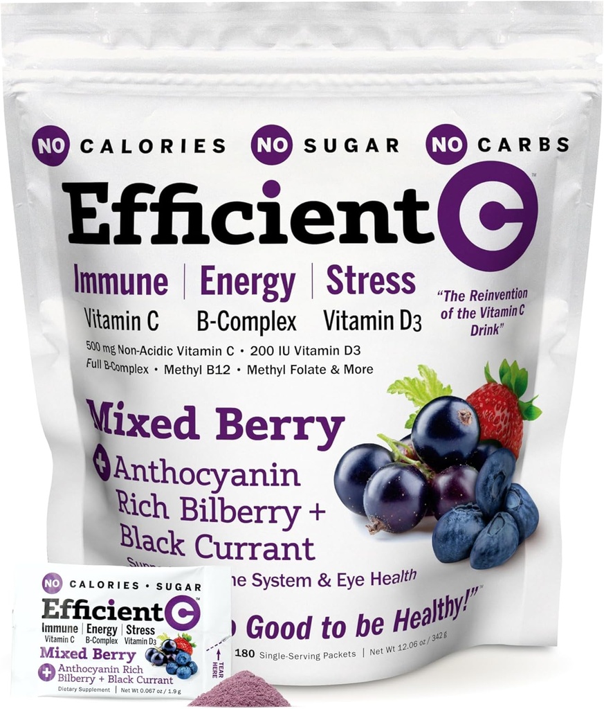 ANDREW LESSMAN Tehokas C Mixed Berry 90 Packets - Immuuni-, energia-, stressi- ja silmäterveyden tuki. Uusinta C-vitamiinijuoma. Ei kaloreita. Ei sokeria. Ei Carbsia. Helppo sekoittaa.