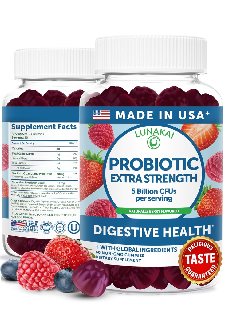 Lunakai USA Made Probiotic Gummies - 5 miljarder CFU, Vegan, Non-GMO, Gluten-Free - Digestive & Immune Support för kvinnor och män - 60 Chewable Gummies