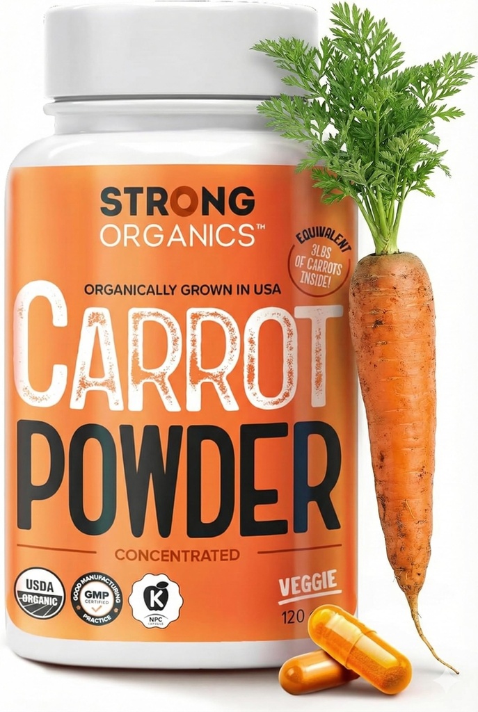 USDA Organic Carrot Powder Capsules (120), Grown in USA, Eye Support, Beta Carotene, Vitamin A, Carotenoids, Antioxidanter, 106 ° F Max, Vegan, Kosher-2 månader Supply