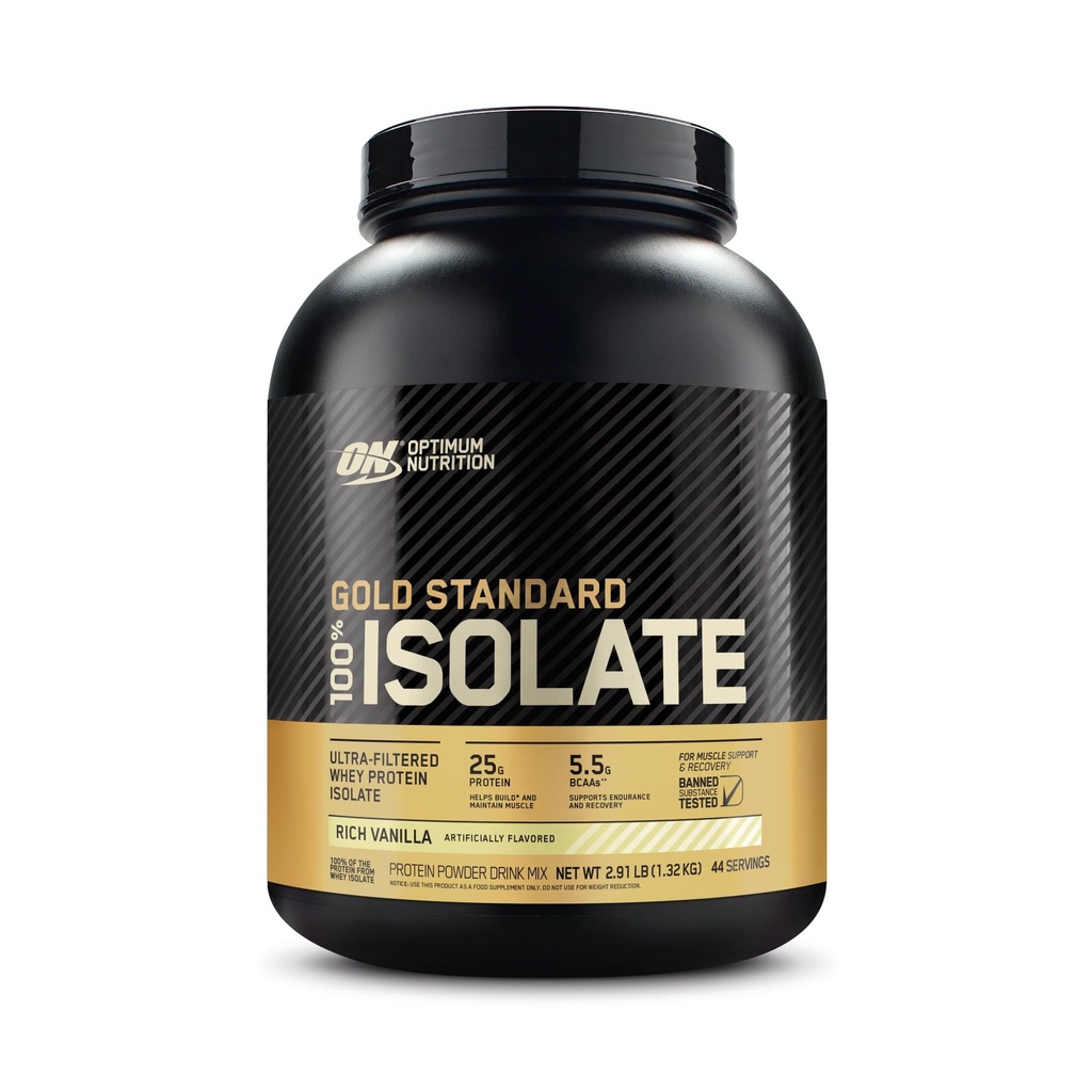 Optimum Nutrition Gold Standard 100% Isolat, proteinpulver, Rich Vanilla, 2,91 pund, 44 portioner. Whey Protein Isolate (Packaging May Vary)