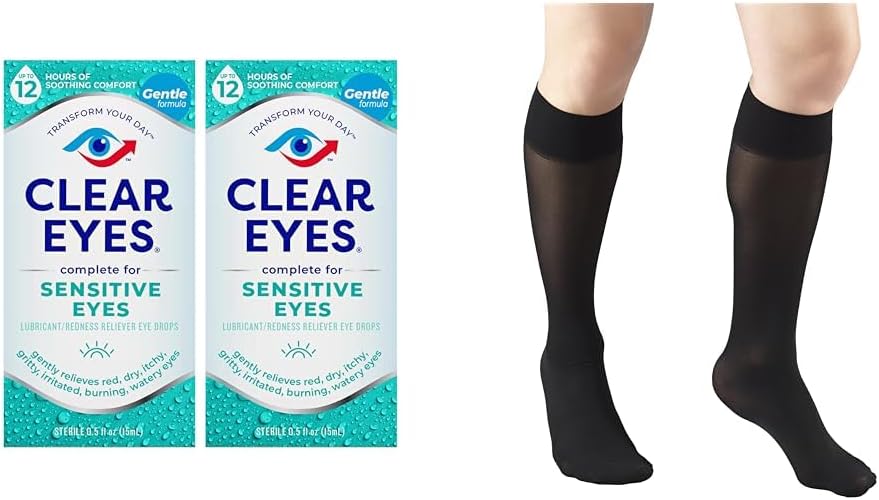 Clear Eyes Sensitive Eye Drops 2 Pack & Truform Sheer Compression Sukat Naisten Polvi Korkea 20 kieltävä musta medium