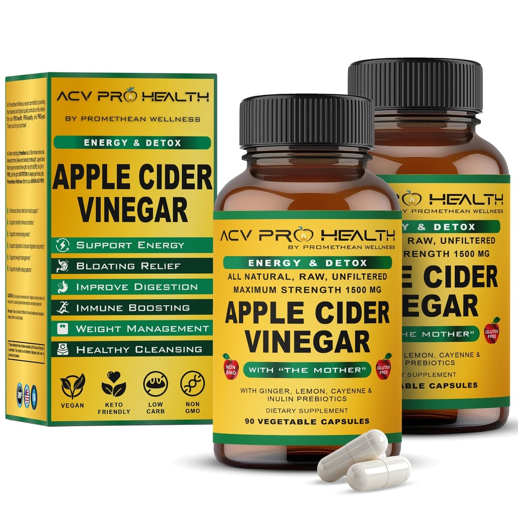 2-Pack ACV Pro Apple Cider Vinegar Capsules Certified Organic med Mother ACV Pills Detox Cleanse Acid Reflux Relief Support Supplement Ginger Root Cayenne Pepper Powder