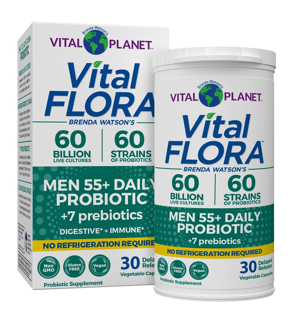 Vital Planet - Vital Flora Män över 55 Daily Probiotic, 60 miljarder CFU, Diverse Strains, Organic Prebiotics, Immune Support, Digestive Health Shelf Stable Probiotics för Män, 30 kapslar