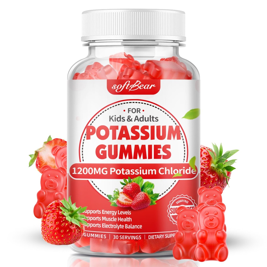 softbear Kalium Gummies aikuisille, sokeriton kaliumkloridi Gummies 1200mg Tuki jalat Cramps & Electrolyte Balance Korkea Potency Kalium täydentää, mansikka maku 60