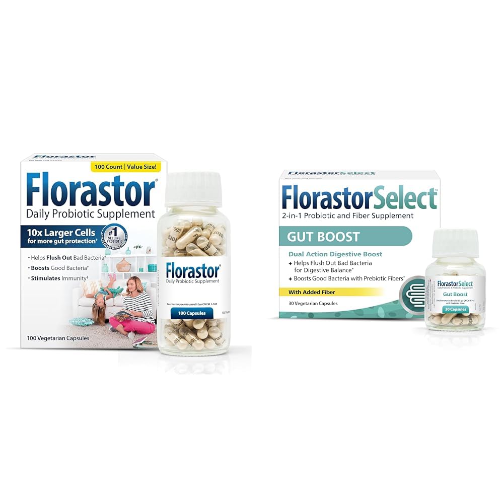 Florastor Probiotic Bundle for Digestion, Gut Health - 100 ct Probiotic för Digestive & Immune Health + 30 ct. Gut Boost Daily Probiotic & Prebiotic - Boost Good Bacteria & Flush Out The Bad