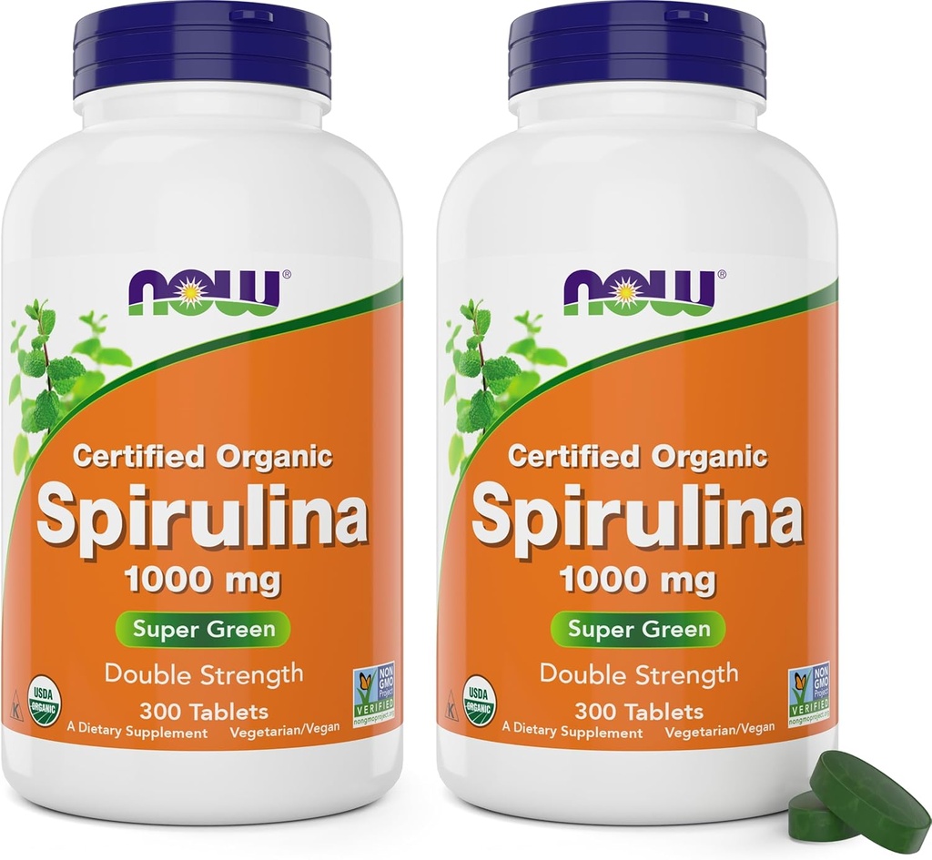 NOW Foods Organic Spirulina 1000mg Tablets - 300 Count (Pack of 2) - Non-GMO, Super Green Whole Food Supplement - Double Strength 1000 mg - Naturligtvis upptar Beta-Carotene (VIT A), B-12 och GLA