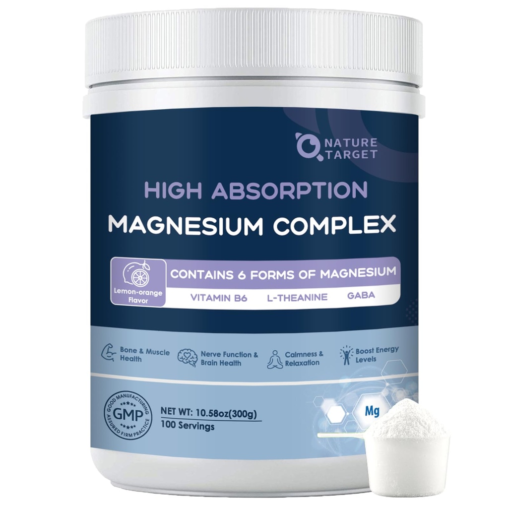 NATure TARGET Magnesium Powder Supplement with Glycinate, Citrate, Malate, Magnesium Complex with L-Theanine & Vitam B6 for Muscle, Heart & Brain, Vegan, 10.58 oz (100 tarjoilua), Lemon Orange Flavor