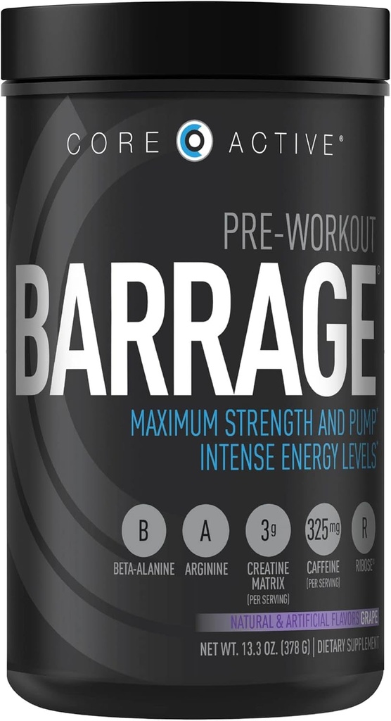 Barrage Pre Treenout Powder - Preworkout naisille ja miehille, Creatine Powder, Beta Alanine, Agmatine Sulfate, & Kofeiini - Lihas Builder miesten Intense Energy - Grape (30 tarjoilua)
