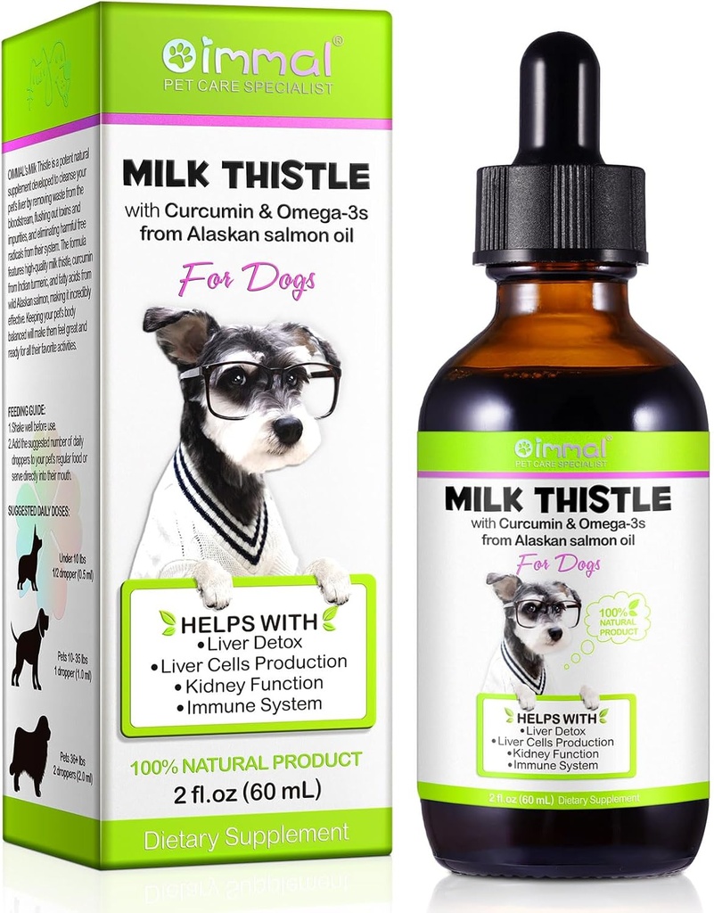 Milk Thistle koirille, Dog Liver Support Drops - koiran maito Thistle auttaa koiran maksan detox, lemmikkilisä herkkuja lohiöljy, Curcumin C3 Complex ja Omega 3 EPA & DHA, Bacon Flavor - 2 fl.oz