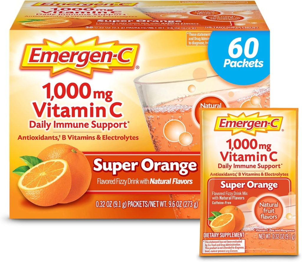 Emergen-C 1000 mg C-vitamiini Powder for Daily Immune Support Kofeiiniton C-vitamiini täydentää sinkkiä ja mangaania, B-vitamiinit ja Electrolyytit, Super Orange Flavor - 60 Count/2 kuukauden tarjonta