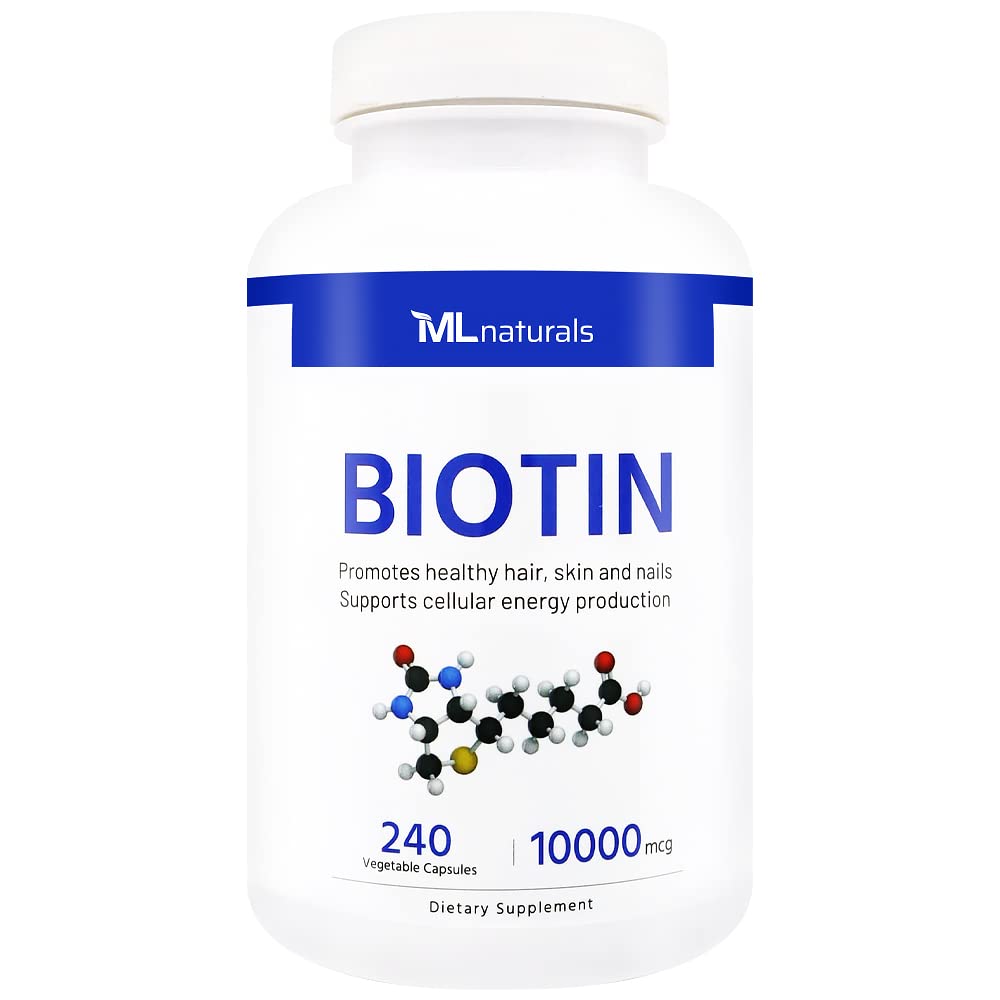 ML Naturals Biotin 10000 mikrog 240 kasvikapselia. Tukee terveet hiukset, iho, kynnet, ja energiantuotanto, NSF-sertifioitu & cGMP- compliant