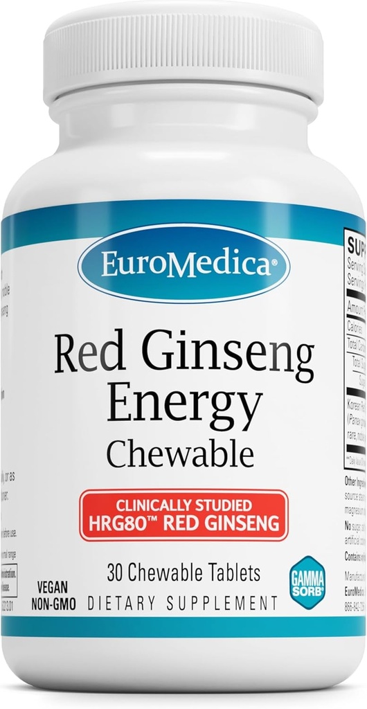 EuroMedica Red Ginseng Energy - Supplement to Support Terve energia & Focus - kasviperäisten täydentää Korean punainen Ginseng juurijauhe - vegaaniset tabletit Aid Terve Endurance - 30 purutablettia