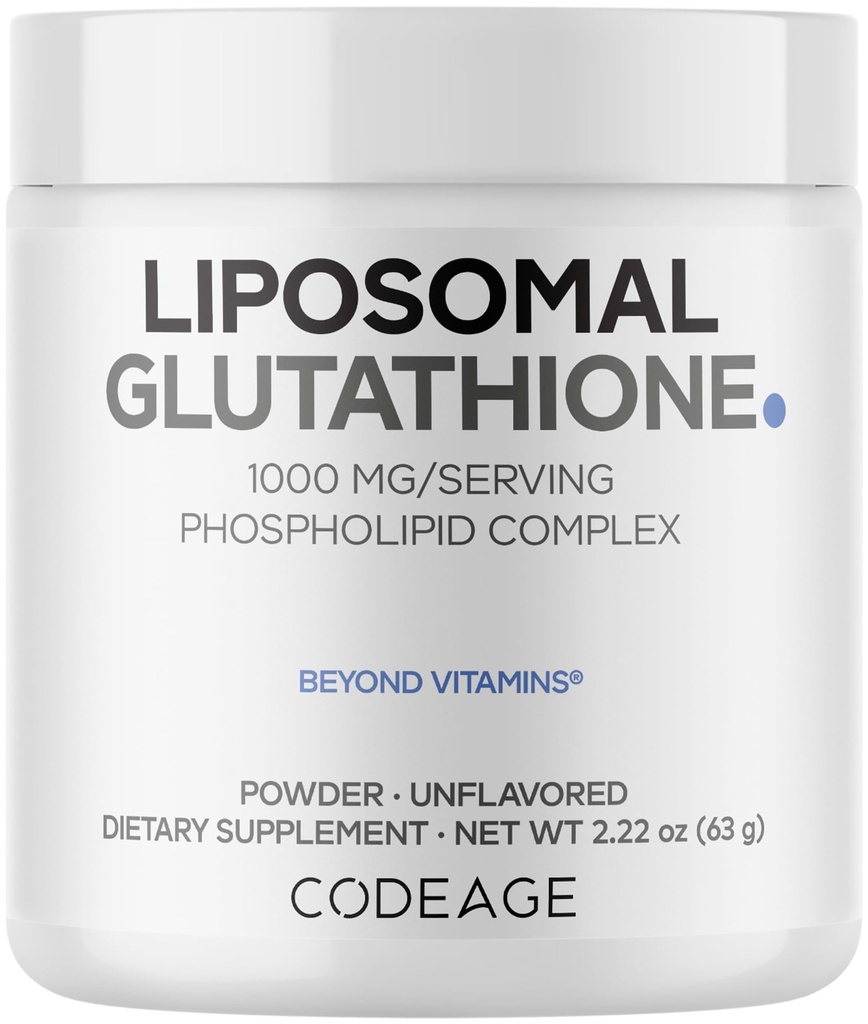 Codeage Liposomal Glutathione Powder - 1000 mg Vegan Reduced L-Glutathione per servering, Liposomal Leverans - 2-månaders Supply - Osmakad - Fosfolipid - Non-GMO Gluten-Free - 2,22 Oz