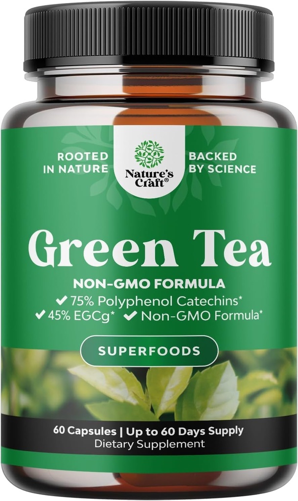 Vihreä teeuutekapselit - 500 mg Pure Leaf Vihreä tee kofeiini täydentää - EGCG, kofeiiniuute & polyfenolit täydentää terveellistä aineenvaihduntaa tukea naisille ja miehille - Natural Detox - 60