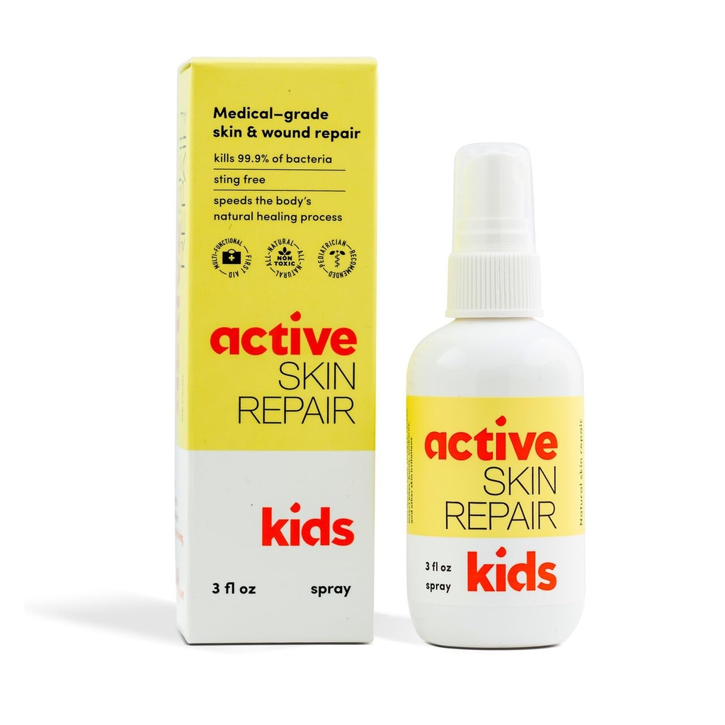 Active Skin Repair Kids Ensiapu Spray - Ei-myrkyllinen & Natural Kids Antiseptinen Formula pienille paloille, Haavat, Scrapes, Rashes, Auringonpolttamat, ja muut ihon ärsytystä (3oz Spray)