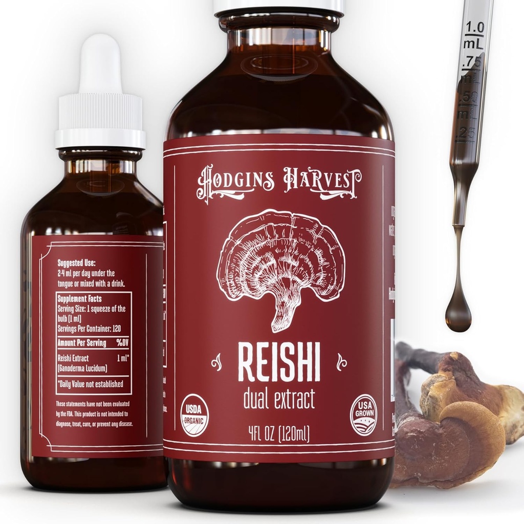 Hodgins Harvest Organic Reishi Mushroom Fruiting Body Extract Tincture - Extra concentration Dual Extract Supplement - Tukee Heart Health & Wellness - USDA Organic Sienet - 4 oz