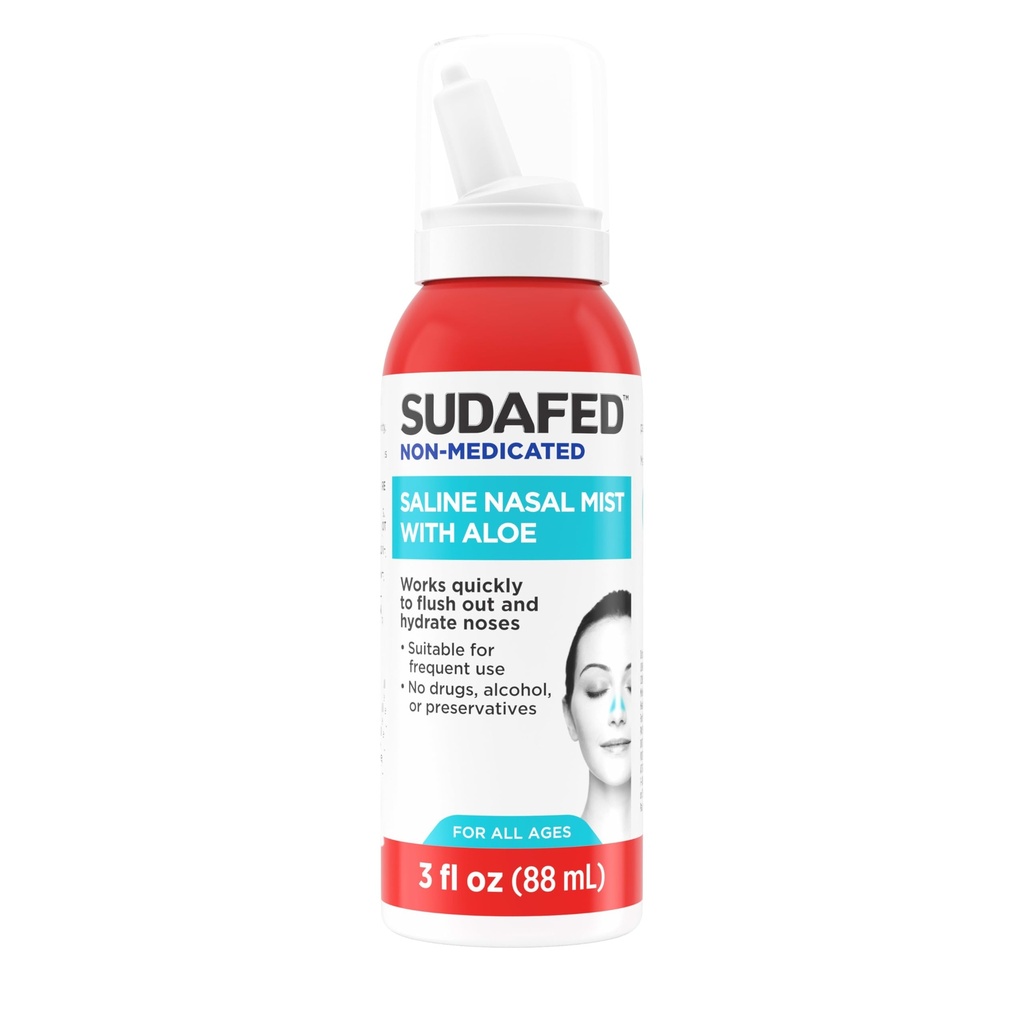 Sudafed ei-lääkinnällinen suolainen Nasal Mist Aloe, Sinus suolaton nenänokka Spray kaikille ikäisille nopeasti flushes & Kosteuttaa nenän passages, käyttää nenän sumu niin usein kuin tarvitaan, Drug-free, 3 fl. oz