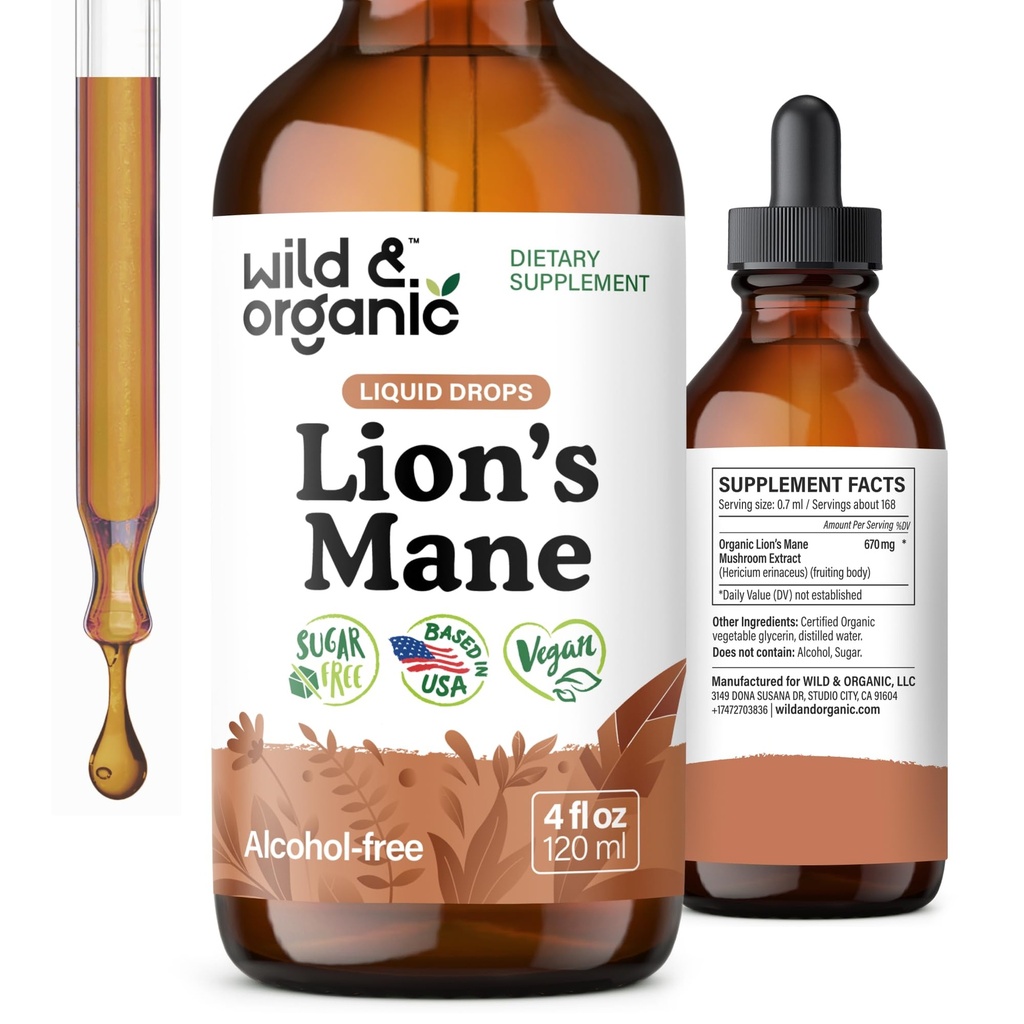 Wild & Organic Lions Mane Liquid Drops - Brain & Focus Support - Lion's Mane Mushroom Supplement - Hericium Erinaceus Mushroom Drops - Vegaani, sokeri ja alkoholiton uute Tincture - 4 fl oz