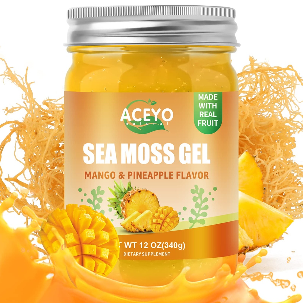 ACEYO (12 OZ) Irish Sea Moss Gel Raw Vegan Mango Ananas Flavor 102 Vitamiinit ja mineraalit Wild Harvennettu ei- GMO: n immuunipuolustus Booster Kilpirauhasen digestiivinen tuki