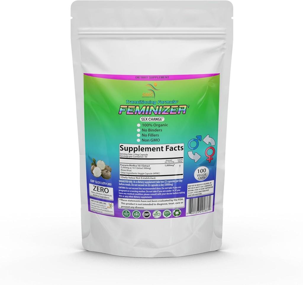 Feminizer Sex Change Pills by SMS, 100 Kasvis Caps Pueraria Mirifica For Estrogeeni 1 000mg Pure 10:1 juuriuutejauhe - Kwao Krua Kao - Premium Grade, Organic for Women, Transsukupuolinen, Ladyboy, LGBT