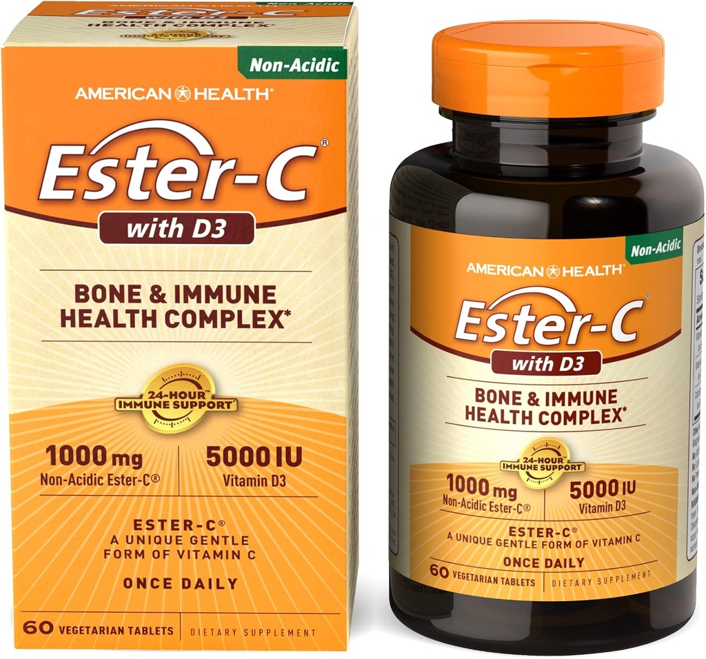 American Health EsterC med D3 Bone Immune Complex Vegetarian Tablets 24Hour Immune Support 1000 mg EsterC 5000 IE Vitamin D3 NonAcidic Vitamin C Servings, 60 Count