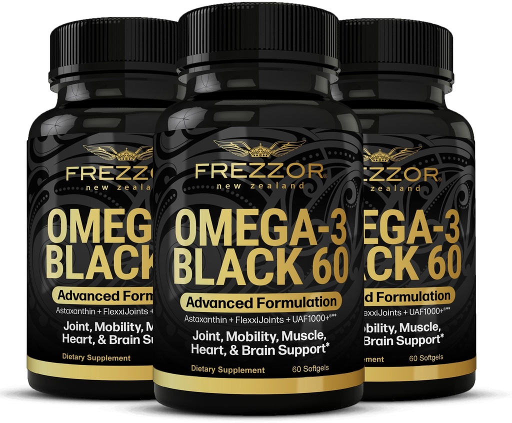 FREZZOR Omega 3 Black for Joint Care & Comfort - Uusi-Seelanti Green Lipped Mussel Oil Kapselit; 53x Korkeampi Potenssi UAF1000+ Super antioksidantti, Ei Fishy Aftertaste, 60 Luku (Pakkaus 3)