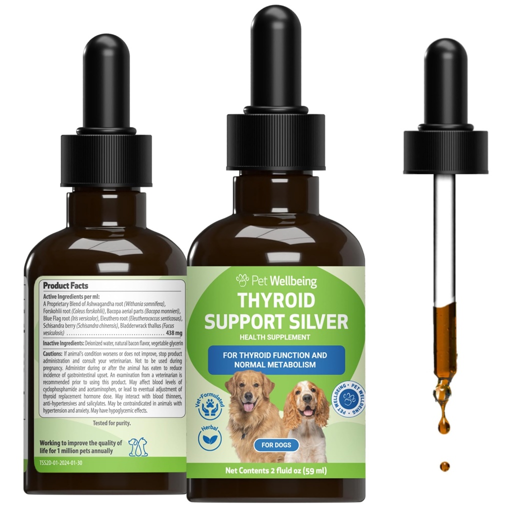 Lemmikkieläinten hyvinvointi Kilpirauhasen tuki Hopea koirille - tukee tasapainotettu kilpirauhasen toiminta, terve aineenvaihdunta, normaali energia, Ashwagandha, Bacopa - eläinlääkäri-formuloitu kasviperäisten täydentää 2 oz (59 ml)