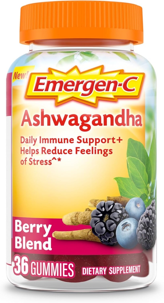 Emergen-C-vitamiini C ja Ashwagandha Gummies, ravintolisä immuunitukea, Berry Blend, Takaisin koulun Essentials - 36 Count