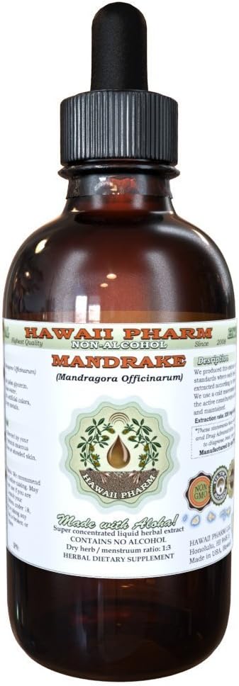 Havaiji Pharm Mandrake alkoholiton nesteuute, mandrake (Mandragora Officinarum) Kuivattu juuri Glycerite Natural Herbal Supplement, USA 2 oz