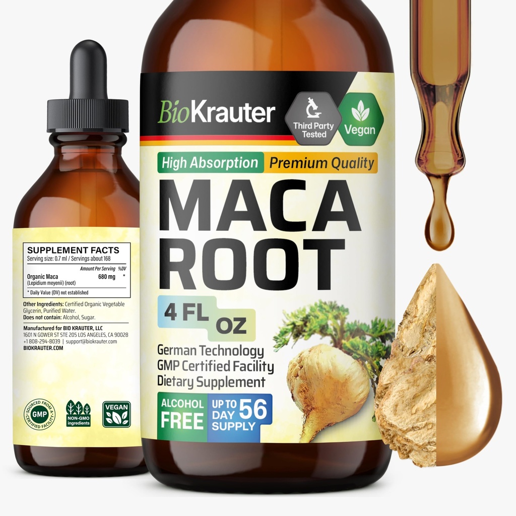 BIO KRAUTER Maca juurinesteen drops - Maca Extract Tincture - Vegan, Sugar & Alkoholiton uute 4 Fl.Oz.