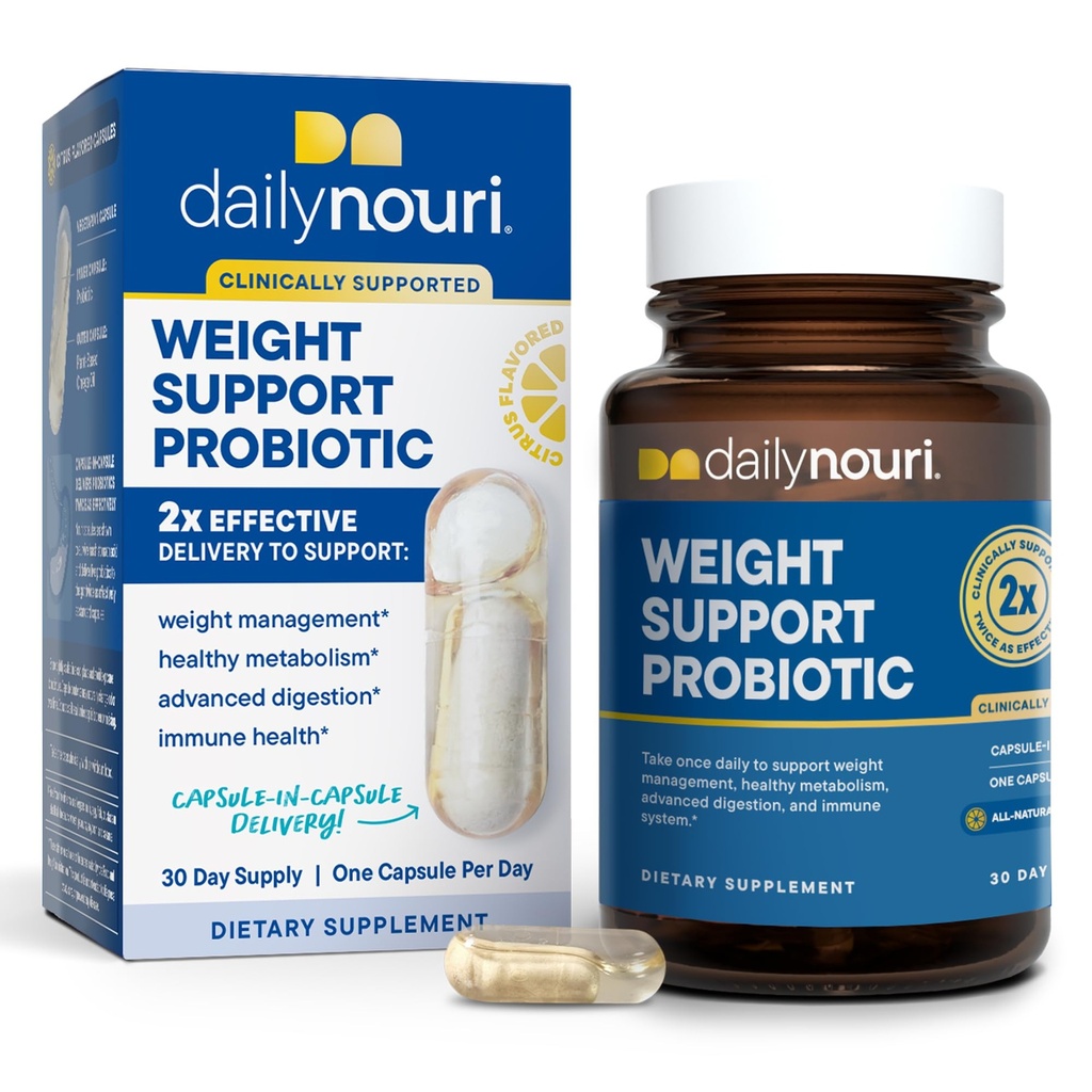 Daily Nouri Weight Support Probiotic för kvinnor och män | Stöder hälsosam vikthantering, metabolism, matsmältning och tarmhälsa | 3 kliniskt studerade stammar + Vegan Omega Oil | 30-dagars leverans