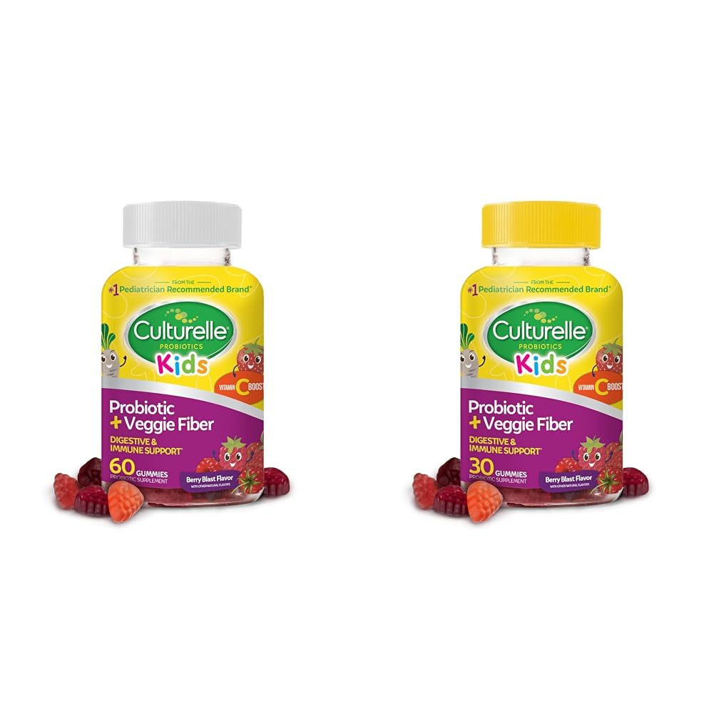 Culturelle Kids Daily Probiootti + kasviskuitu Gummies (60 & 30 Count) - Berry Flavor, Ruoansulatus- ja immuuniterveyden tuki