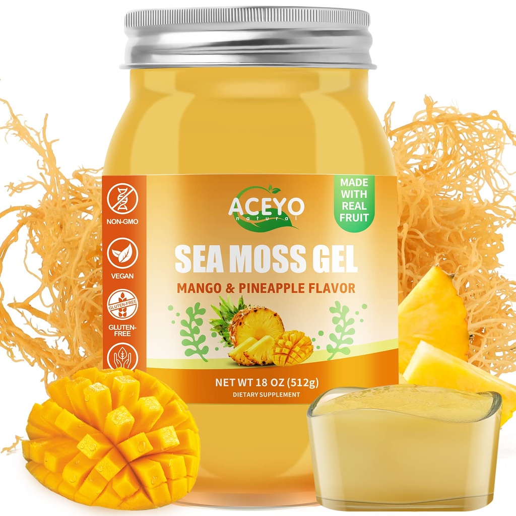 ACEYO (18 OZ) Irländska Sea Moss Gel Raw Vegan Mango Pineapple Flavor 102 Vitaminer och Minerals Wild Harvested Non-GMO