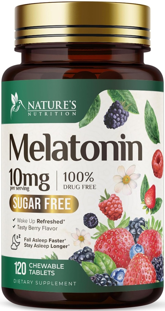 Melatoniini 10 mg Nopea liuotus, melatoniinin lisäravinteet lepoun, luonnollinen uni tuki täydentää aikuisille, extra vahvuus mansikka-flavored tabletit, sokeriton, 120 tablettia, 120 päivän toimitus