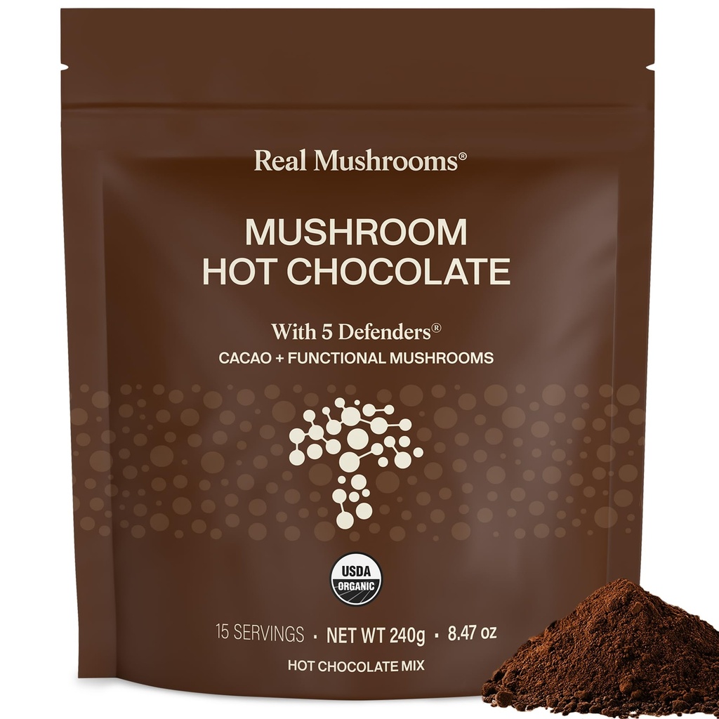 Real Mushrooms Organic Hot Chocolate Mix with Reishi, Turkey Tail, Chaga, Shiitake, Maitake 