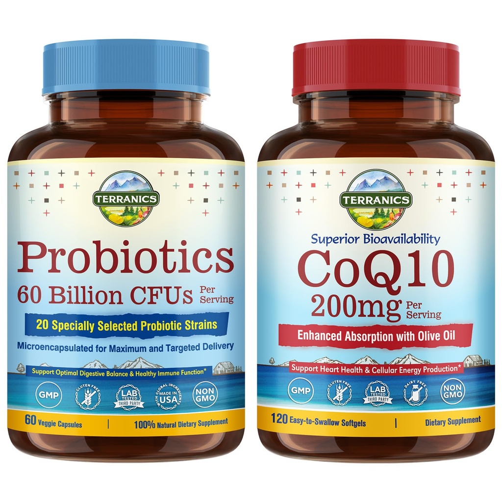 Terranics Probiootit & CoQ10 Bundle, Heart & Digestion Health, 60 miljardia Probiootit, Bioaktiivinen Coenzyme Q10 200 mg, Extra Neitsyt oliiviöljy, Bundle & Säästä